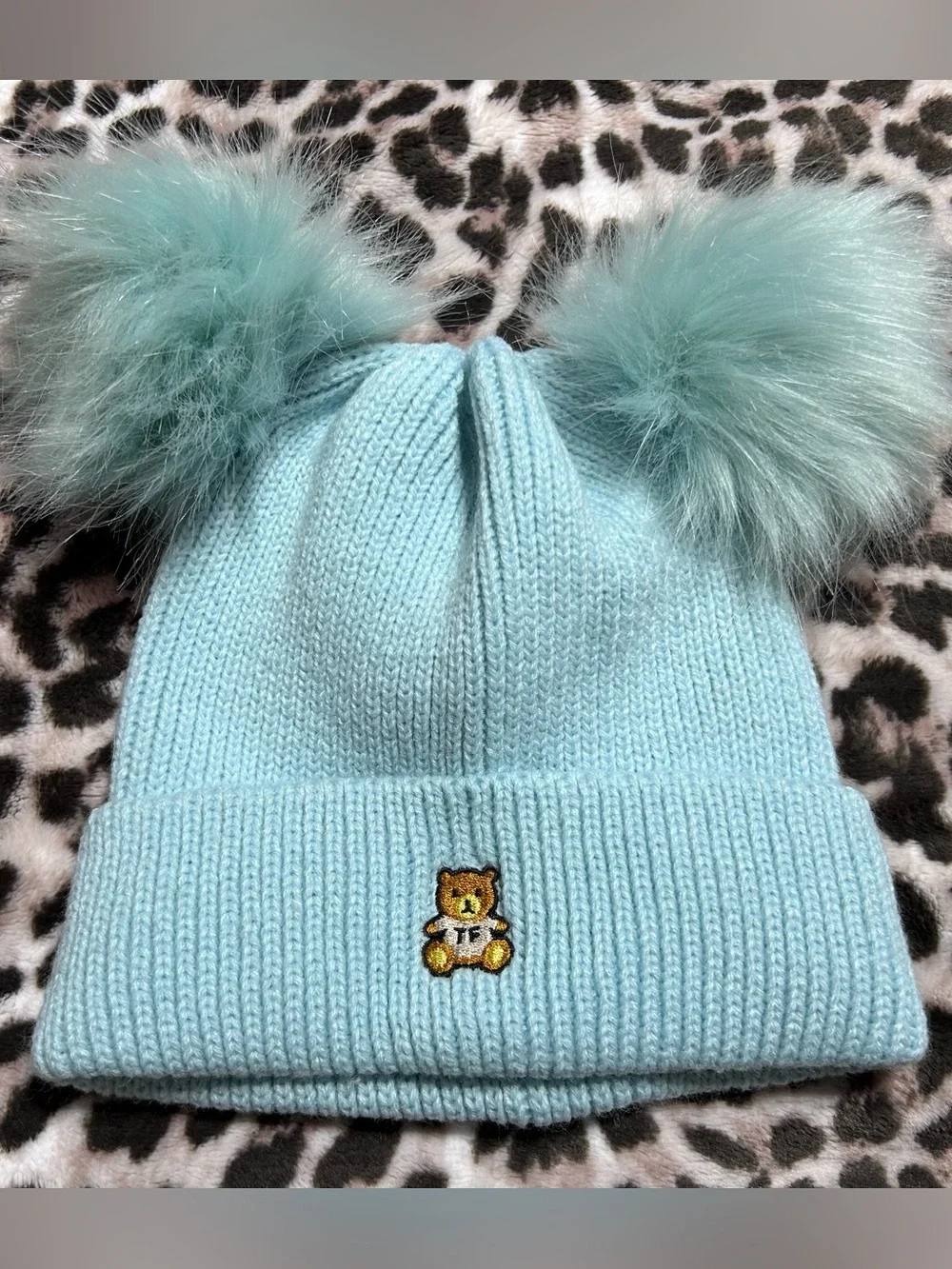 Teddy Fresh Light Blue Knit Double Pom Beanie with Bear Patch